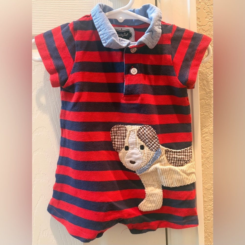 Mud Pie Red & Navy Striped Polo outfit with Puppy Appliqué